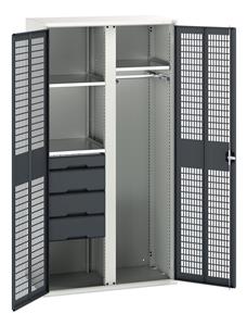 verso ventilated door kitted cupboard with 3 shelves 4 drws 1 rail & partition. WxDxH: 1050x550x2000mm. RAL 7035/5010 or selected Bott Verso Ventilated door Tool Cupboards Cupboard with shelves